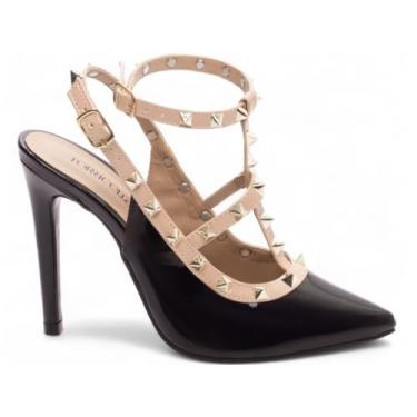 Imagem de SAPATO SCARPIN SALTO 12 TORRICELLA VERNIZ PRETO E BEGE APLIQUES DE PIRÂMIDE NA COR DOURADO, NÚMERO 36