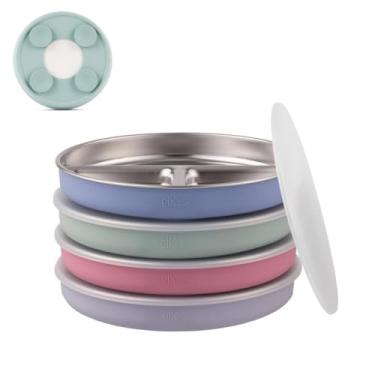Imagem de Elk and Friends Pratos de aço inoxidável divididos com capa de silicone para bebês e crianças, tampa incluída, ventosa, pratos de comida e lanche, 4 peças