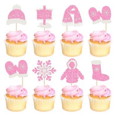 Imagem de Ercadio 28 peças de topos de cupcake de neve de inverno rosa glitter bem-vindo cachecol de bebê chapéus, luvas, palhetas de cupcake de floco de neve, palitos de cupcake para tema de inverno,