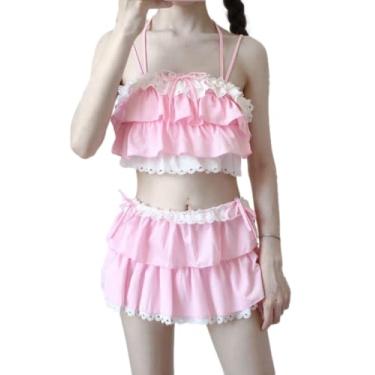 Imagem de GK-O Conjunto de biquíni feminino kawaii com babados estilo lolita japonês, roupa de banho fofa, duas peças, short de saia, rosa, M