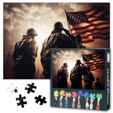 Imagem de American Flag 1000 Piece Jigsaw Puzzle for Adults - Patriotic Veterans Saluting in Front of Iconic US Landmarks Artwork Puzzle Brain Teaser, Difficult and Challenge Large Puzzle Game Toys Gift