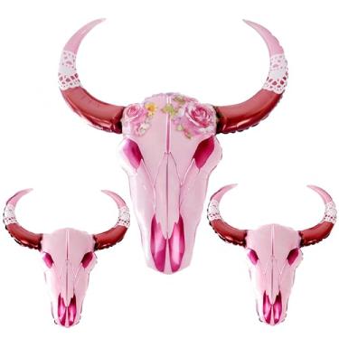 Imagem de 3Pcs Pink Cow Skull Balloons/Cowgirl Party Decor/Boots on the Ground Western Bull Skull/Last Rodeo Country Bachelorette Party/Boho Bull Skull Balloon with Lace/West Decor for Rustic Wedding, Fiesta