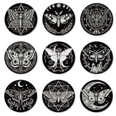 Imagem de ANATTASOUL Conjunto de 9 porta-copos de madeira colorida com padrão de mariposa e estrela, presente de inauguração de casa redonda para casa nova, proteção de mesa de centro decorativa de 9,9 cm para