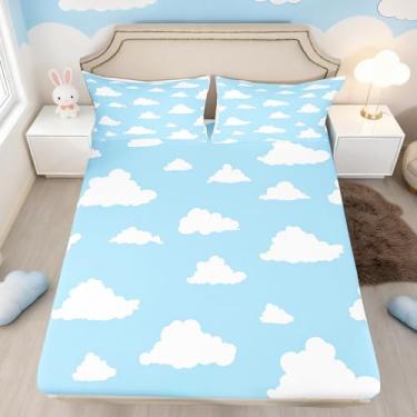 Imagem de Jogo de lençol com elástico nuvens brancas, nuvens de desenho animado céu azul, para crianças, adolescentes e adultos, capa de cama decorativa de grafite de estilo simples com 1 fronha (sem lençol de
