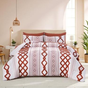 Imagem de MOVE OVER Conjunto de edredom Queen com adornos laranja queimado, 7 peças, cama em uma bolsa, boêmio, chique, asteca, com jogo de cama, macio e leve, étnico, para todas as estações