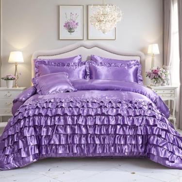 Imagem de MOVE OVER Conjunto de edredom queen de cetim roxo, 8 peças, cama de cetim em uma bolsa, casa de fazenda, chique, cascata, babados, luxuoso, para decoração de quarto