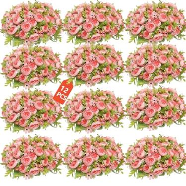 Imagem de 12 buquê de margaridas de peônia artificial, flores falsas de seda rosa claro com peônias, margaridas e botões de crisântemo, arranjo floral falso para decoração de casa, centros de mesa de casamento