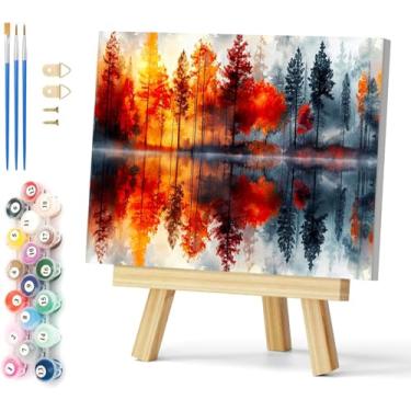 Imagem de Kits de pintura por números para adultos com tela emoldurada - com cavalete de madeira, número de cenário de lago, pintura artística por número em tela, kits de pintura a óleo acrílica DIY para