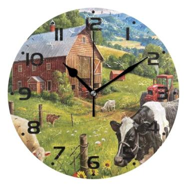 Imagem de JUZIHAI Relógio de parede de vaca de fazenda silencioso, sem tique-taque, relógios de parede redondos operados por bateria, fácil de ler, relógio decorativo de parede para casa, cozinha, sala de estar