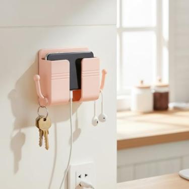 Imagem de Suporte de parede para celular, suporte de carregamento autoadesivo de parede com ganchos, suporte de armazenamento impermeável multiuso para quarto, cozinha, banheiro, escritório (rosa claro)