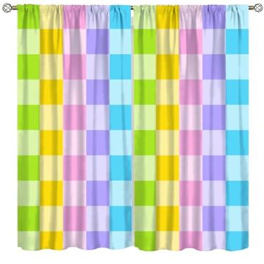 Imagem de VUMIVI Cortinas xadrez retrô coloridas arco-íris geométrico moderno minimalista cores gradientes tratamentos de janela para crianças meninos meninas quarto cozinha sala de estar sala de jantar
