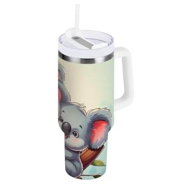 Imagem de Copo de água de coalas de desenho fofo de 1,134 g com canudo e alça, copo com isolamento duplo com tampa 2 em 1