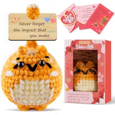 Imagem de FOGWOWO Lindo gato de crochê positivo presente inspirador gato apoio emocional para amantes de gatos, mulheres, mães irmãs amigas, animais de crochê positivos feitos à mão com caixa de presente para