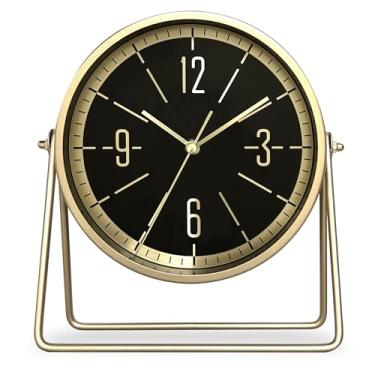 Imagem de QIYAODECO Relógio de mesa de metal vintage para quarto, com tique-taque de ângulo ajustável, pequeno relógio de cabeceira operado por bateria, mesa decorativa, estilo antiquado, decoração preta