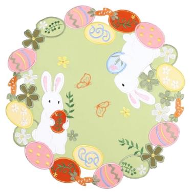 Imagem de Jogo americano de Páscoa, conjunto de 4 coelhinhos bordados redondos, ovos verdes, recortado colorido, flores de primavera, cenouras, grama sálvia, decorações sazonais para mesa de jantar e centro