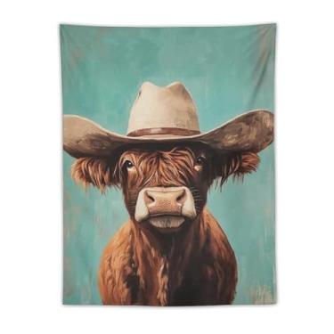 Imagem de Tapeçaria de parede de vaca Highland em chapéu de cowboy decoração rústica ocidental fundo azul-petróleo arte animal de fazenda para sala de estar quarto aconchegante estilo country decoração