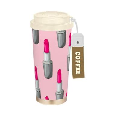 Imagem de Caneca de viagem de café 40 ml com canudo e tampa, revestimento cerâmico isolado a vácuo copo de café de aço inoxidável à prova de vazamento, batons cinza rosa macio