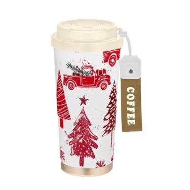 Imagem de Copo de café de viagem 473 ml com revestimento cerâmico, copo de caneca de café de aço inoxidável com tampa de enchimento e canudo, copo isolado a vácuo, caminhão vermelho de árvores de Natal branco