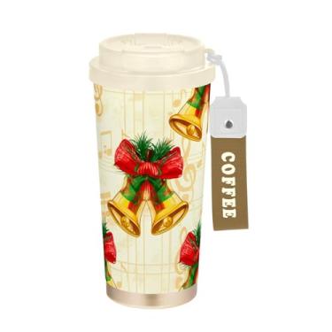 Imagem de TSENQUE Caneca de café de viagem de 473 ml, copo de café com revestimento cerâmico com canudo e tampa de filme, copo isolado a vácuo de aço inoxidável, laços de sinos de Natal bege