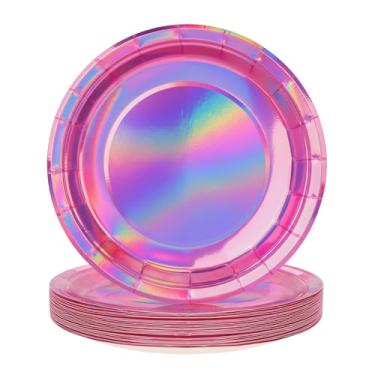 Imagem de FunisFun Pratos de discoteca descartáveis para decoração de festa de discoteca dos anos 70, festa de casamento, aniversário, despedida de solteira, 18 cm (rosa iridescente, 9 pol. 25P)