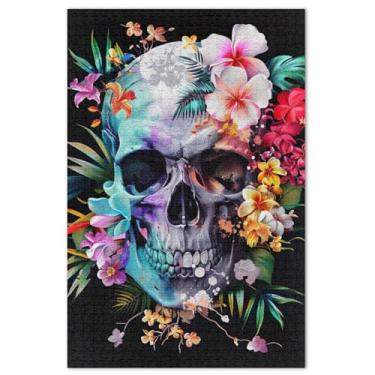 Imagem de Quebra-cabeça de caveira com flores coloridas, 500 peças, animal, adulto, floral, divertido para adultos