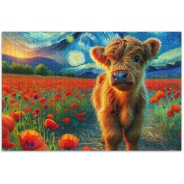 Imagem de Quebra-cabeça estrelado com flor de papoula vaca Highland 500 peças para adultos, presentes personalizados, exclusivos, presentes de desenho animado, 51 x 35 cm