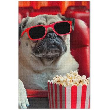 Imagem de Um cachorro Pug usando óculos de sol vermelhos está sentado, quebra-cabeças para adultos, 500 peças, pintura de arte floral, quebra-cabeças legais para adultos, presentes de festa de elefante branco