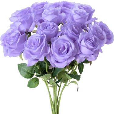 Imagem de TFSWUFI Flores artificiais de rosas roxas, 15 peças, flores de seda de rosas falsas com hastes longas, rosa sintética para centros de mesa de casamento, decoração de casa, arranjos florais internos