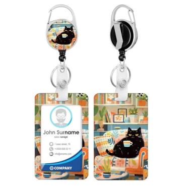 Imagem de Porta-crachá de identificação de gato preto fofo engraçado com molinete de clipe retrátil resistente, chaveiro, cartão de identificação para mulheres, professores, enfermeiros, médicos, estudantes