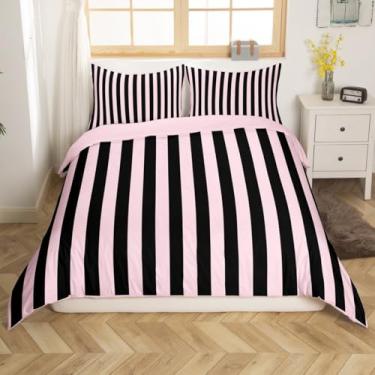 Imagem de jejeloiu Capa de edredom rosa preta listrada, geométrico, conjunto de cama para decoração de quarto de crianças, meninos, meninas, adolescentes, moderno, tamanho solteiro, 2 peças, zíper, respirável