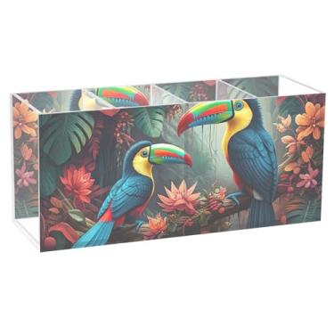 Imagem de TSENQUE Porta-lápis de mesa de acrílico com imagem de tucanos, flores silvestres, porta-canetas, canetas, maquiagem, copo decorativo, material de escritório, decoração
