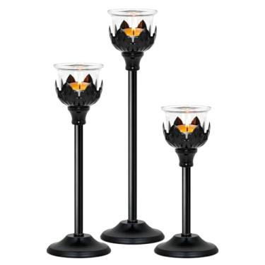 Imagem de Conjunto de 3 castiçais de metal para luz de chá com 3 copos de vidro, peça central de candelabro elegante de 30/20/20.3 cm para decoração de mesa de casamento, decoração de festa em casa em camadas