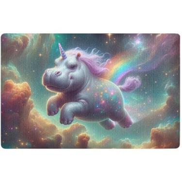 Imagem de TSENQUE Tapete de porta personalizado unicórnio hipopótamo extravagante espaço entrada externa tapete de porta de boas-vindas tapete de porta exterior para entrada externa 81,3 cm x 50,8 cm