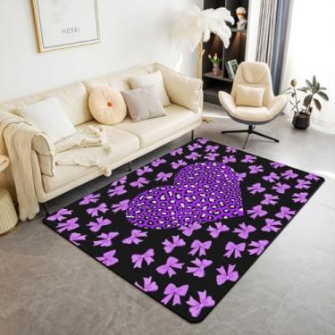 Imagem de Tapete feminino com laço 1,2 x 1,80 m, estampa de leopardo em forma de coração de amor, para decoração de cabeceira e sala de estar, gravata borboleta roxa kawaii, preto, antiderrapante, lavável