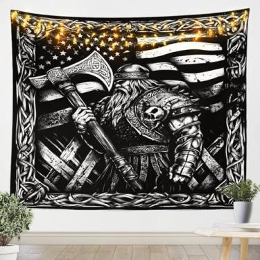 Imagem de Homewish Tapeçaria de machado viking, arte de pendurar na parede com bandeira americana viking para decoração de quarto de crianças, meninos, adolescentes e homens, cobertor de parede com padrão