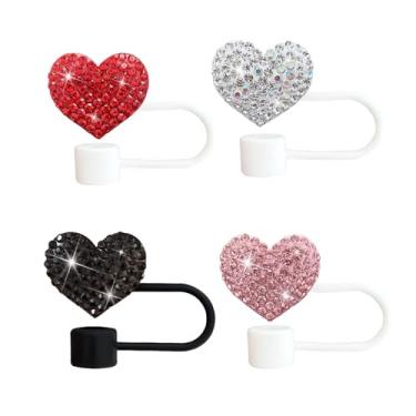 Imagem de Capa de palha de coração brilhante para copo Stanley, design de corações de amor com strass de diamante 10 mm, topo de canudos de corações brilhantes para copo de 30/1,134 g, acessório para decoração