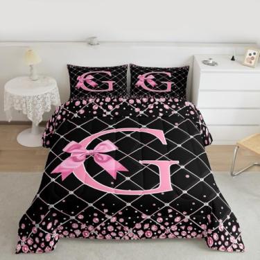 Imagem de Feelyou Conjunto de cama macio com laço rosa, para meninos e meninas, com letra G, solteiro, princesa, glitter, edredom, laço de microfibra, alfabeto, decoração de quarto, 2 peças com 1 fronha