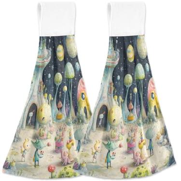 Imagem de TSENQUE Whimsical Scene Aliens Space Kitchen Toalhas de mão com laço para pendurar, conjunto de 2 toalhas de chá de forno, verde e vermelho, fofo, cozinha, banheiro, decoração, 46 x 35 cm