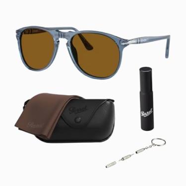 Imagem de Persol Óculos de sol em forma de piloto PO9649S com kit oficial de óculos, Armação azul marinho transparente | Lente marrom cristal