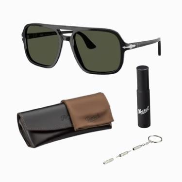 Imagem de Persol Óculos de sol em forma de piloto PO3328S com kit oficial de óculos, Armação preta | Lente de cor sólida