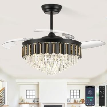 Imagem de Lustre de teto de 122 cm com luzes, ventilador de teto com luzes, ventilador de teto de cristal 3000-6500K LED regulável, 6 velocidades de vento, lustre com ventilador para quarto, sala de estar