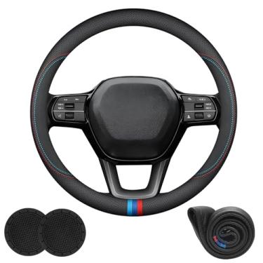 Imagem de Capas de volante de carro de couro Nappa personalizadas para Honda CR-V 2026 2025 1997-2024 Acessórios, universais 37-38 cm com logotipo, antiderrapante e respirável, preto