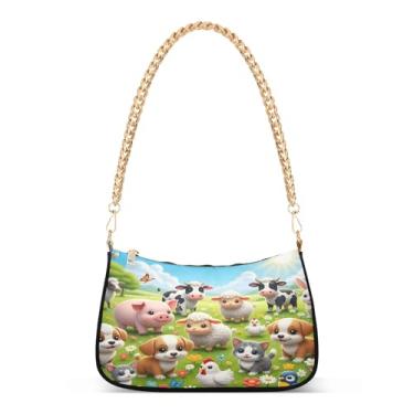 Imagem de Linda bolsa de ombro com corrente de animais de fazenda, bolsa de mão Hobo com estampa colorida para mulheres, bolsa versátil para uso diário ou festa