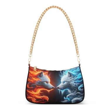 Imagem de Bolsa de ombro Flame Wolves Red Blue Cool Chain com estampa artística, bolsa feminina Hobo, bolsa moderna para todos os dias e festas