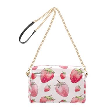 Imagem de Joitme Bolsa de ombro feminina transversal para celular morango rosa morango desenho corrente alça de couro PU bolsa de ombro