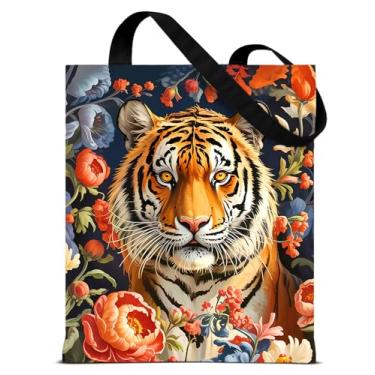 Imagem de QYCFDXD Sacola de lona floral de tigre vintage para mulheres tigre escuro botânico estética reutilizável bolsa de ombro para compras de supermercado, viagens, trabalho, praia