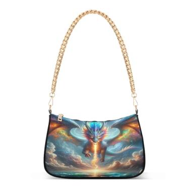 Imagem de Bolsa de ombro divertida com corrente de desenho animado colorido de dragão, bolsa feminina Hobo Clutch Satchel para uso diário e noturno