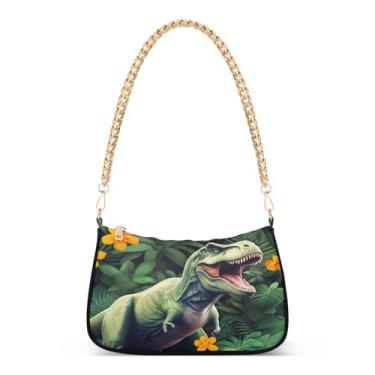Imagem de Bolsa de ombro com corrente floral laranja de dinossauro verde, estampa artística Hobo para mulheres, bolsa moderna para noite