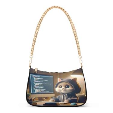 Imagem de Bolsa Hobo de gato fofo para mulheres, bolsa de ombro média, bolsa de mão com alça de corrente de designer, bolsa de mão casual