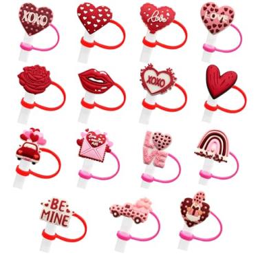 Imagem de 15 tampas de cobertura de canudo de dia dos namorados 10 mm tampas de canudo de silicone durável para 30 copos de 1,134 g fofos corações rosas em forma de lábio tampas protetoras de canudos